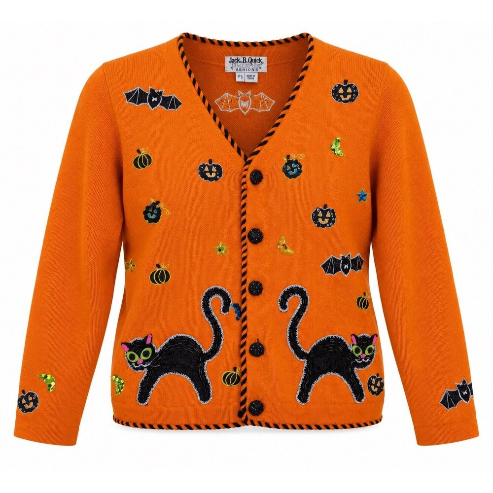 Vtg Jack B. Quick Halloween Cardigan Sweater Sz PS Orange Black Cat Embellished